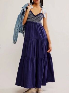 Free People Navy and Gray Smocked Maxi Dress
